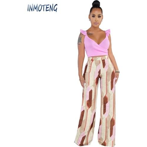 INMOTENG Fashion New 2 Piece Set Solid Color V Neck Ruffles Sleeve Crop Top Elastic Waist Print Loose Pants Street Casual Sets