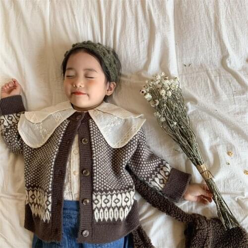 Korean childrens sweater 2021 autumn winter boys and girls knitted sweater Vintage cardigan baby clothes