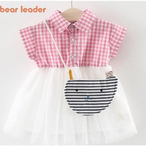 Bear Leader Girls Kids Princess Plaid Dresses Fashion Kids Mesh Pacthwork Dresses Summer Clothing With Cartoon Stripe Bags