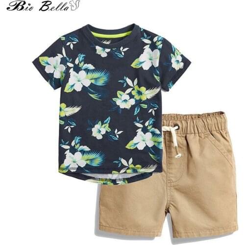 Summer Fashion Boy Clothes Set Short Sleeve Flower Printed Tops Blouse Brown Short 2pcs Suits Boys Outfits Summer Kids Clothes