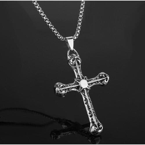 Fashion Men Vintage Titanium Steel Jesus Cross Pendant Chain Necklace Christian Ornament Party Jewelry Gift