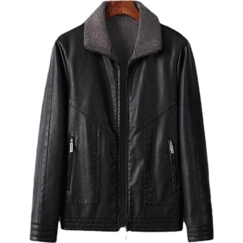 Plus Velvet Brown Leather Jacket Mens Winter Coat Lapel Motorcycle Leather Jacket Mens Padded Cotton Coat Men Leather Coats
