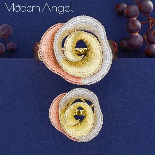 ModemAngel Luxury Very Wide 2 Tone Nigeria Bangle Ring Sets Jewelry Set For Women Wedding Zircon Crystal CZ Dubai Bridal Jewelry