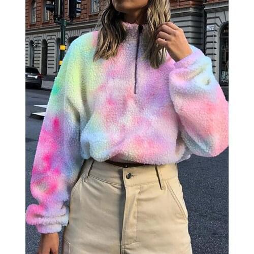 Autumn Winter Women Coat Tie Dye Pink Sweet Crop Top Harajuku Loose Turtleneck Hoodies Fleece Flannel Pullover Female Sweatshirt