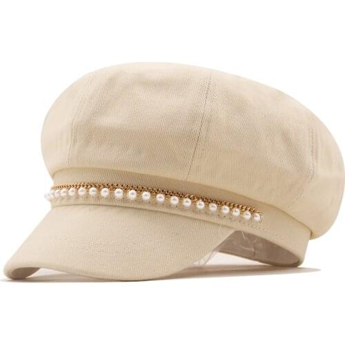 Utumn Winter beige cotton Pearl Military Berets for Women Female Flat Army Cap Salior Hat Girl Travel Berets Ladies Painters Cap