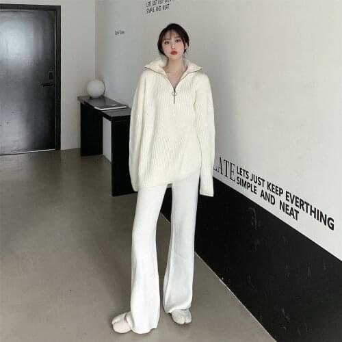 Pneime Autumn Winter Womens tracksuit Solid Color Striped Turtleneck Sweater and Elastic Trousers Suits Knitted Two Piece Set