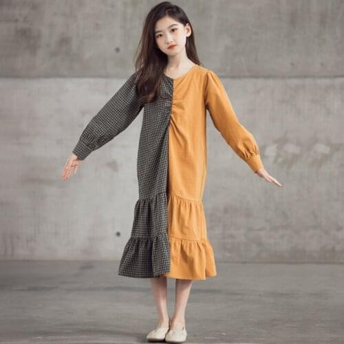 Teen Girls Midi Dress 2021 New Autumn Kids Patchwork Cotton Dress Fashion Plaid Children Clothes Ruffles,#6409