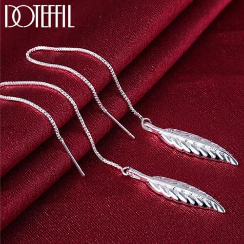 DOTEFFIL 925 Sterling Silver Ear Line Leaf Drop Earrings Charm Women Jewelry Fashion Wedding Engagement Party Gift