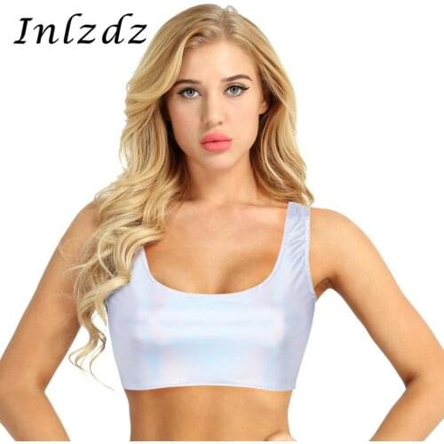 Womens Pole Dance Rave Crop Top Fashion Shiny Leather Sleeveless Scoop Neck Rave Clothes Festival Tank Tops Short Vest Tops