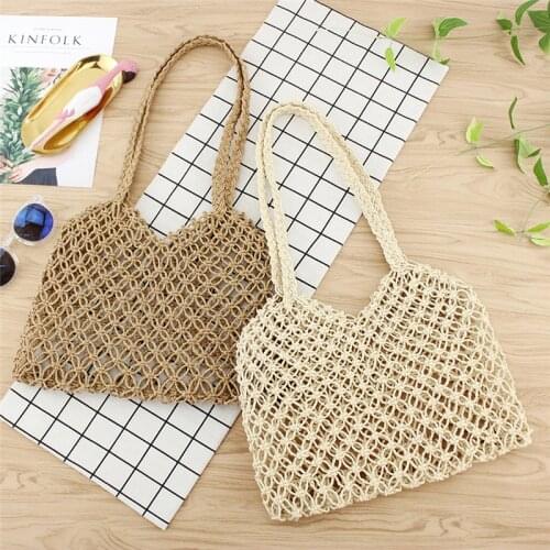 Women Vintage Woven Handbag Beach Tote Purse Summer Travel Straw Bag Bohenmian Woven Hollow Shoulder Bag