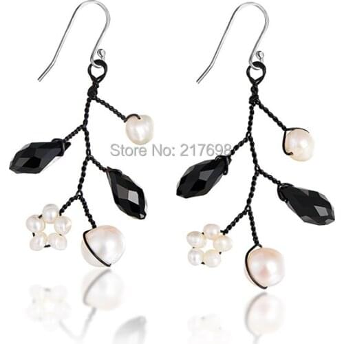 DORMITH 925 sterling silver natural fresh water pearl black crystal drop earrings for women jewelry