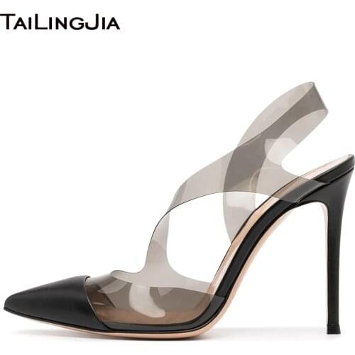 Black PVC Clear High Heels for Women Pointed Toe Slingbacks Heeled Pumps Ladies Dress Shoes Big Size Transparent Party Footwear