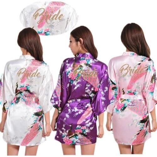 Wholesale Bride Gold Glitter Peacock Floral Women Kimono Robe Satin Bathrobe Short Bridal For Wedding Party T15