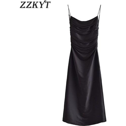 ZZKYT 2021 Women Summer Vintage Black Satin Midi Dress Fashion Sleeveless Backless Tin Tie Straps Female Party Dresses Vestidos