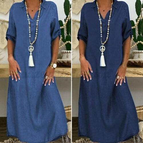 Women Plus size dress Vintage Summer V Neck Half Sleeve Side Slitting Hem Loose Long Denim Dress Hem Loose Long Denim Dress