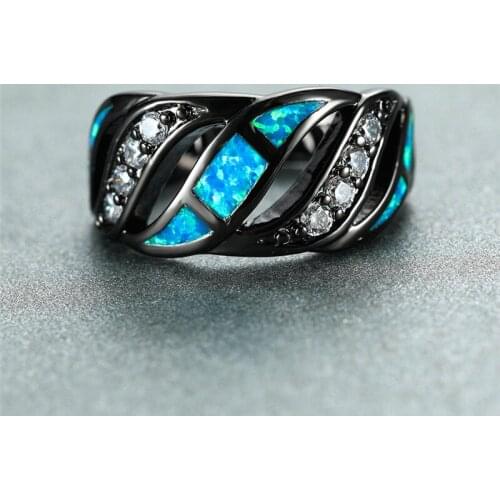 Boho Female Small White Stone Ring Vintage 14KT Black Gold Cross Wedding Rings For Women Promise Blue Fire Opal Engagement Ring