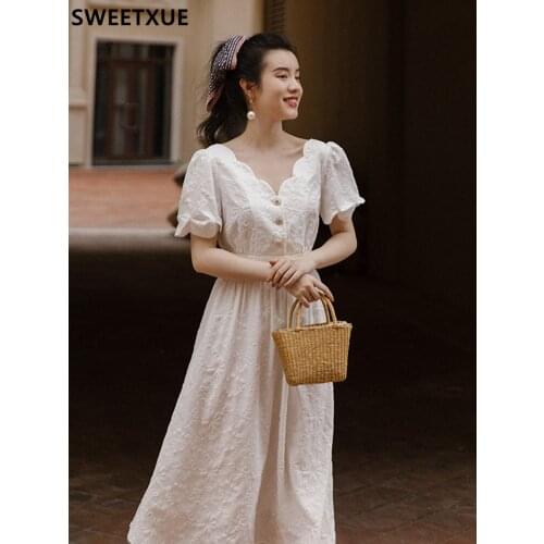 SWEETXUE 2021 Women Vintage Elegant Fashion Temperament V-neck Relief Chic Sweet Fairy White Princess Long Dress Female Vestidos