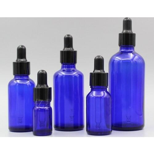 2/10pcs 5ml 10ml 15ml 20ml 30ml 50ml 100ml Empty DIY Cosmetic Blue Glass Essential Oil Bottles with Black Dropper Cover Pipette
