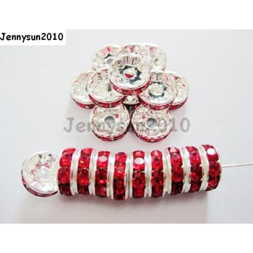 200pcs/lot 7mm Top Quality Czech Crystal Light Siam Rhinestone Pave Rondelle Metal Silver Plated Spacer Loose Beads Jewelry