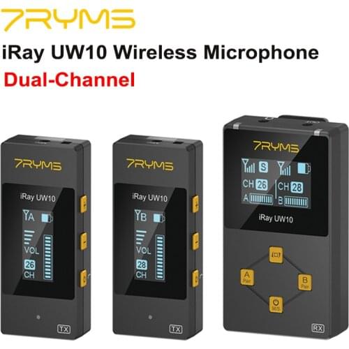 7ryms iRay UW10 Wireless Microphone System UHF Dual Channel Lavalier Transmitter Receiver for DSLR Camera Phone Video Vlog