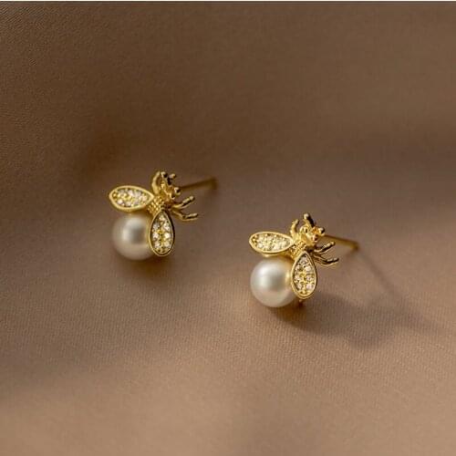 AIFENAO 925 Sterling Silver Gold Bee Pearl Earrings Zircon Animal Cute Stud Earrings for Women Jewelry Girls Gift Wholesale