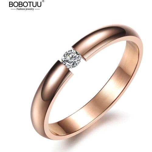 BOBOTUU Single Crystal Ring For Women Rose Gold/White/Black Color Stainless Steel Wedding Engagement Ring Jewelry Gifts BR19101