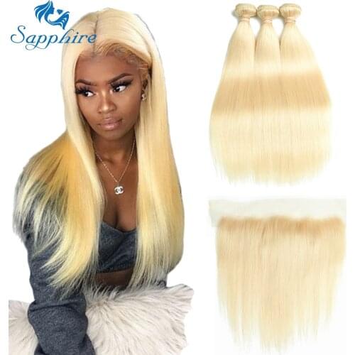 Sapphire Brazilian Hair Weave 613 Bundles With Frontal Brazilian Straight Hair Blonde Bundles With Closure Human Hair Extension