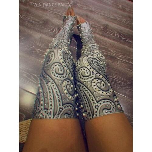 Design Sparkly Silver Gray Pearls Crystals High Heel Shoes Wear Party Costume Stage Club wear Boots Singer Dance