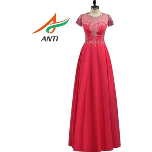 ANTI Elegant Fuchsia Prom Dresses Long 2019 Chiffon Embroidery Crystal Vestidos De Festa O-Neck Evening Party Gowns Floor-Length