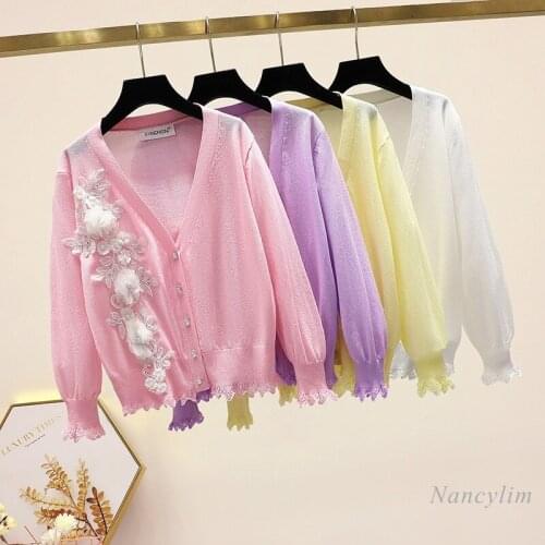 Korean Fashion Cardigan 2021 Summer New Thin V-neck Exquisite Flowers Ice Silk Knitted Short Coat Top Solid Color Streetwear