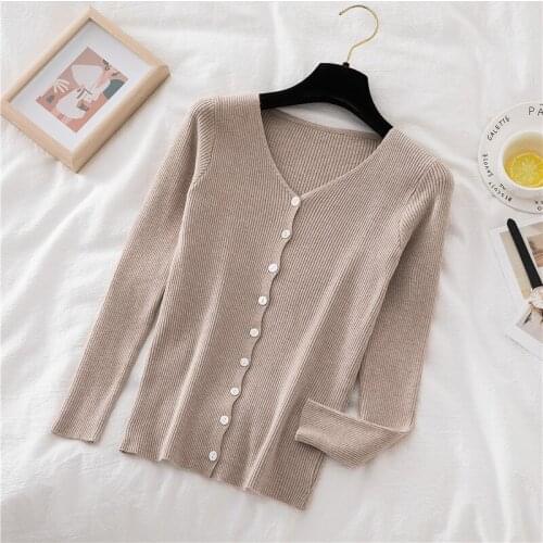 LJSXLS 2021 Autumn Fashion Ribbed Slim Sweater V Neck Women Knitted Cardigan Ladies Sexy Long Sleeve Buttons Top Sueter Feminino