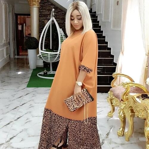 MCK African Women Dress Orange Leopard Long Maxi Loose Abaya Dubai Kimono Islam Patchwork Boho Boubou Mom Clothing Africa