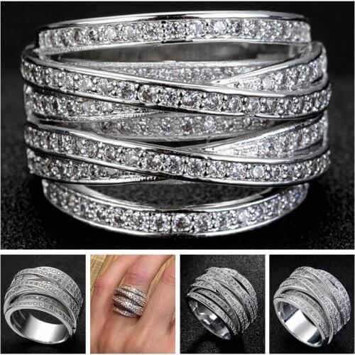 Multilayer Luxury Vintage Pave Zircon CZ Stone Rings For Women Size 6 7 8 9 10 White gold Jewelry Anel