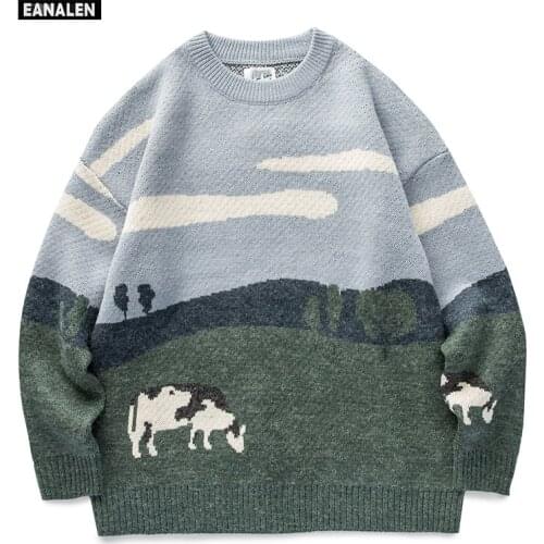 Mens oversized Harajuku ugly sweater hip hop punk pullover vintage cow graphic knitwear blue sky white clouds grassland