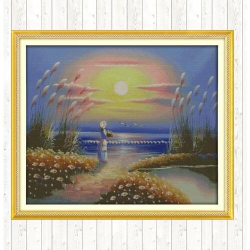 Seaside Girl DIY Needlework Crafts 14CT 11CT Counted Stamped Cross Stitch Kits Embroidery Kits DMC Cotton Thread Printed Canvas