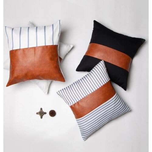 Modern style PU leather canvas stripe stitching pillow Sofa Decoration Square Pillow Cushion cover 45x45cm leather pillowcase
