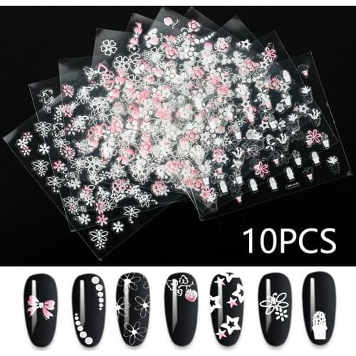 New 10 Sheets 3D Nail Sticker Transparent Bottom Pink white Flower Leaf Butterfly Series Nail Sticker Decoration