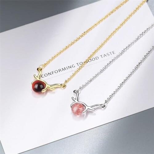 Sole Memory Strawberry Crystal Garnet Antlers Fresh Cute Sweet 925 Sterling Silver Clavicle Chain Female Necklace SNE405