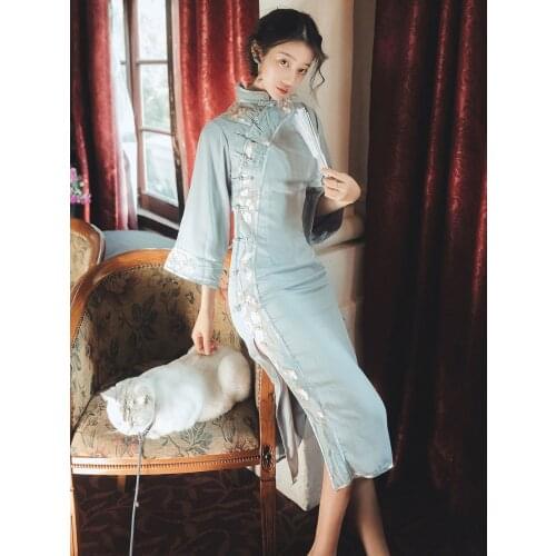 Chinese Style Young Girl Cheongsam Improved Version of Dress Autumn and Winter 2021 New Long Elegant Dress Qipao Dress Modern