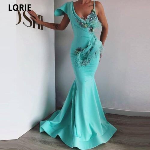 LORIE Long Mermaid Prom Dresses 2021 Pearls Feathers 3D Flowers V-Neck Satin Vestidos De Fiesta Formal Prom Party Gowns Hot Sale