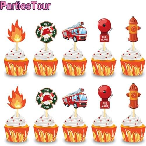 24pcs Fire Truck Cupcake Toppers Cupcake Wrappers for Baby Shower Firefighter Fireman Theme Birthday Party Cake Decor Supplies
