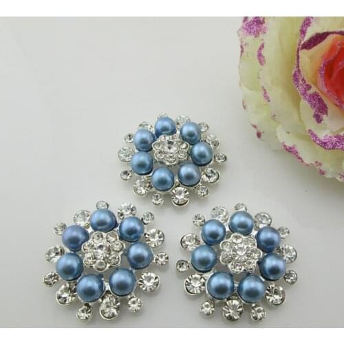 BT202 33mm)5pcs flower blue pearl alloy button rhinestone buttons flat back embellishment DIY hair accessory