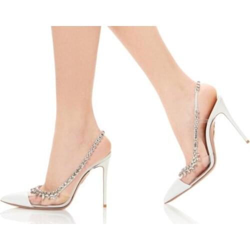 Bling White Nude Sliver Crystal Wedding Shoes Bride PVC Rhinestone Patchwork Pointed Toe Slingback Glitter Heels Dress Pumps
