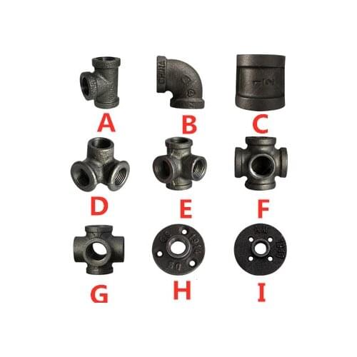 Antique Style Black Auto Color Malleable Iron Pipe Fittings Black Cast Iron Connectors Threaded Pipe 1/2 Inch 3/4 Inch 1 Inch