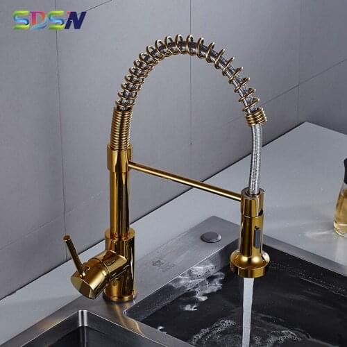 Pull Out Kitchen Faucet SDSN Quality Brass Gold Kitchen Faucet Single Spring Kitchen Mixer Tap Pull Down Kitchen Sink Faucets