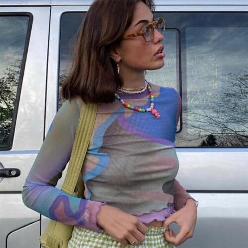 Dourbesty New Womens T-Shirts Long Sleeve Sheer Mesh Abstract Print Crew Neck Slim Fit Crop Tops Autum Fall Harajuku y2k Tops