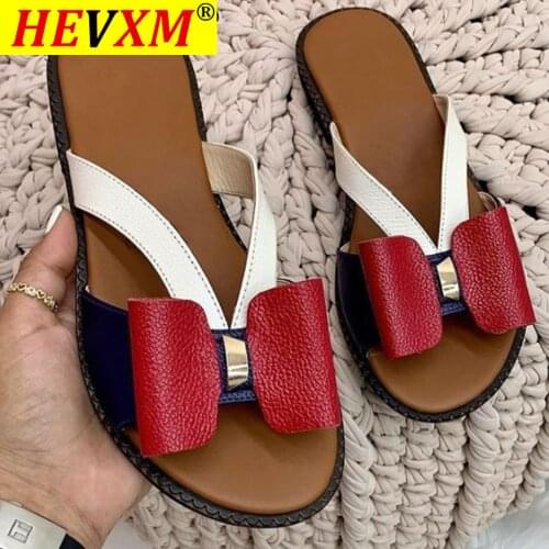 Women Shoes 2021 Summer Women Fashion Flat Color Blocking Bowknot Large Size Sandals Slippers PU Beach Outdoor Slides