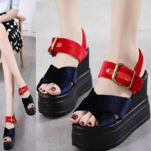 10 Cm Slope With Color Matching Word Buckle Elegant Ladies Sandals Summer European And American Fashion Waterproof Platform