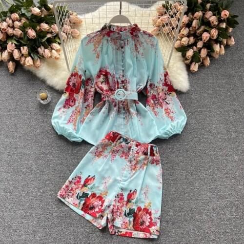 2021 Fashion Womens Summer Suit 2 Piece Set High Waist Shorts Sets Printed Long Sleeve Loose Shirt Tops Elegant Short Suits