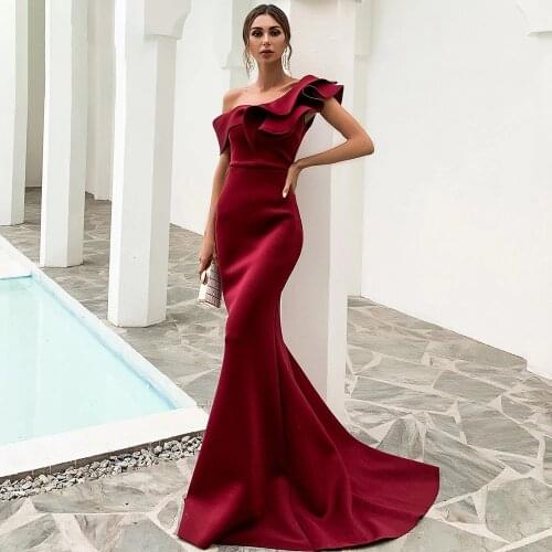 One Shoulder Ruffles Floor Length Party Dresses Women Evening Elegant Solid Sexy Slash Neck Women Celebrity Nightclub Dresses
